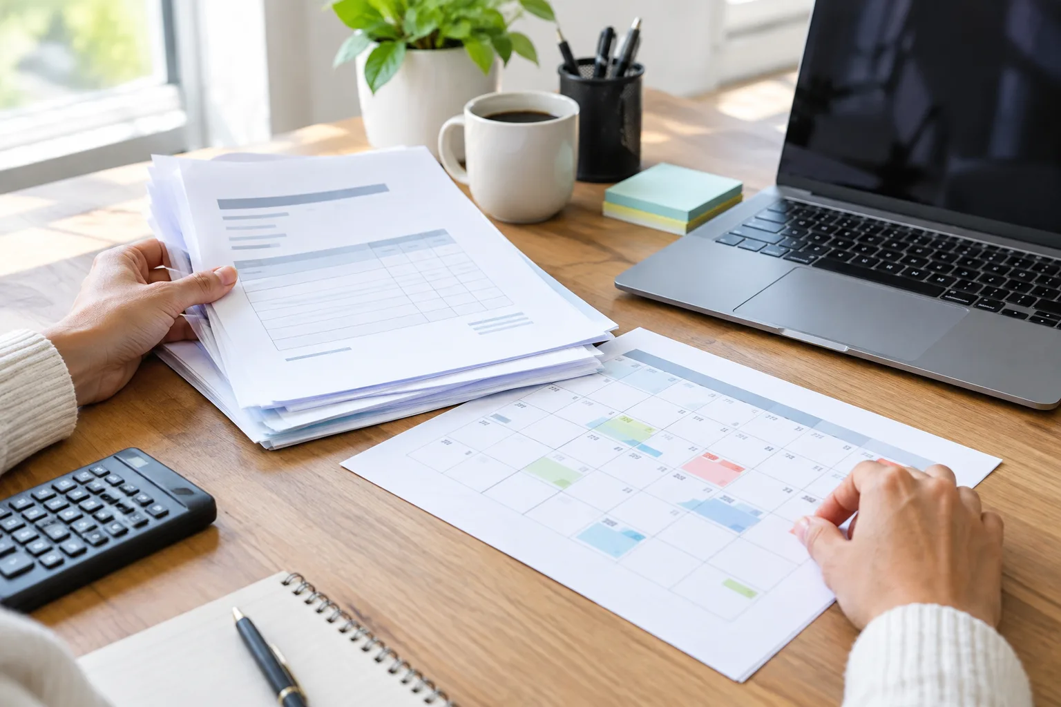 Des mains organisent des factures et un calendrier de trésorerie près d’un ordinateur.