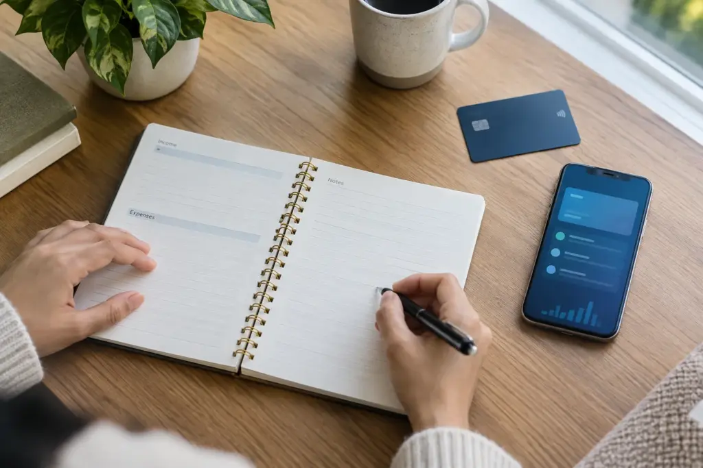 Un carnet de budget, une carte bancaire et un téléphone posés sur un bureau.