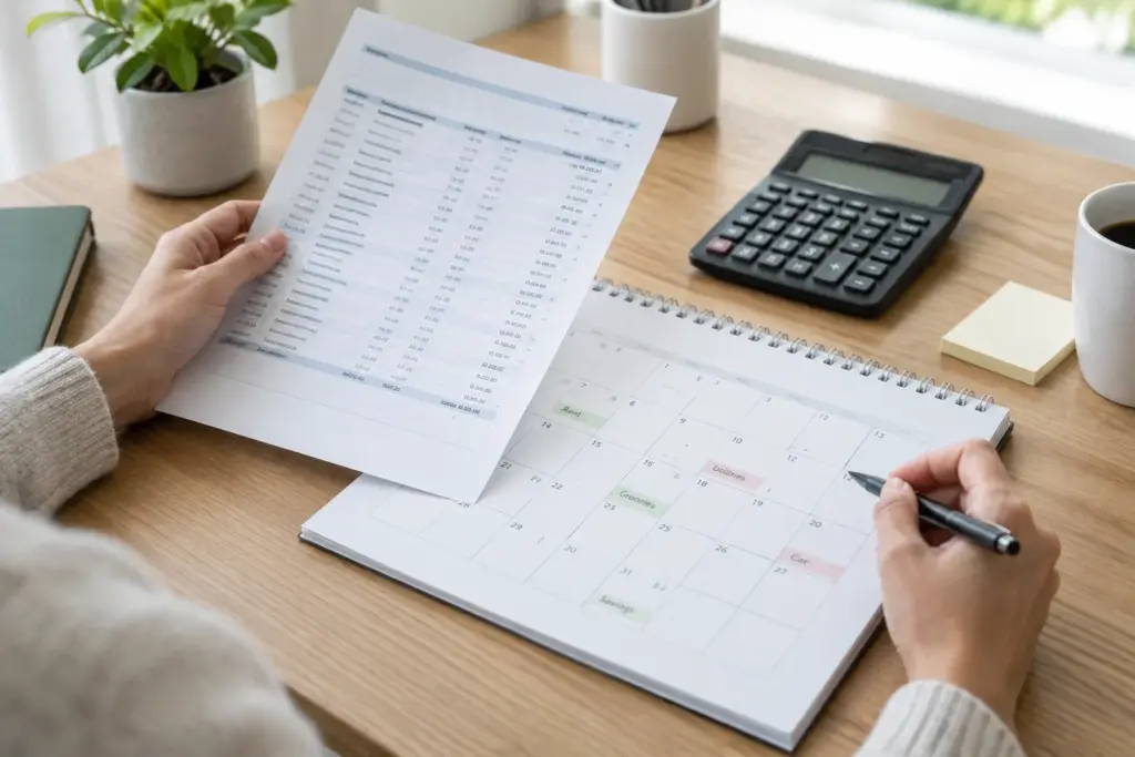 Une personne consulte un relevé bancaire et un calendrier de trésorerie sur un bureau.