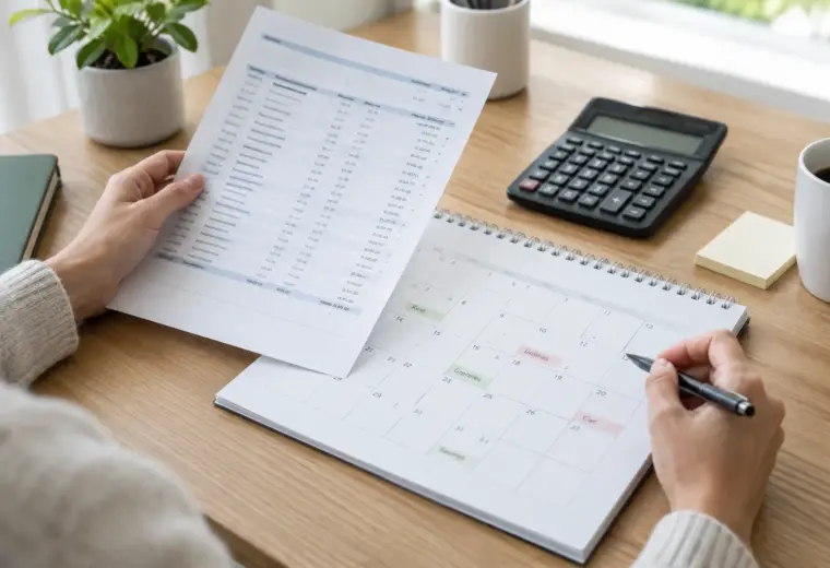 Une personne consulte un relevé bancaire et un calendrier de trésorerie sur un bureau.