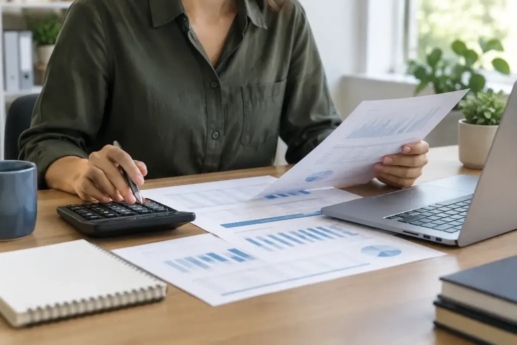 Des documents de trésorerie et une calculatrice posés sur le bureau d’une petite entreprise.