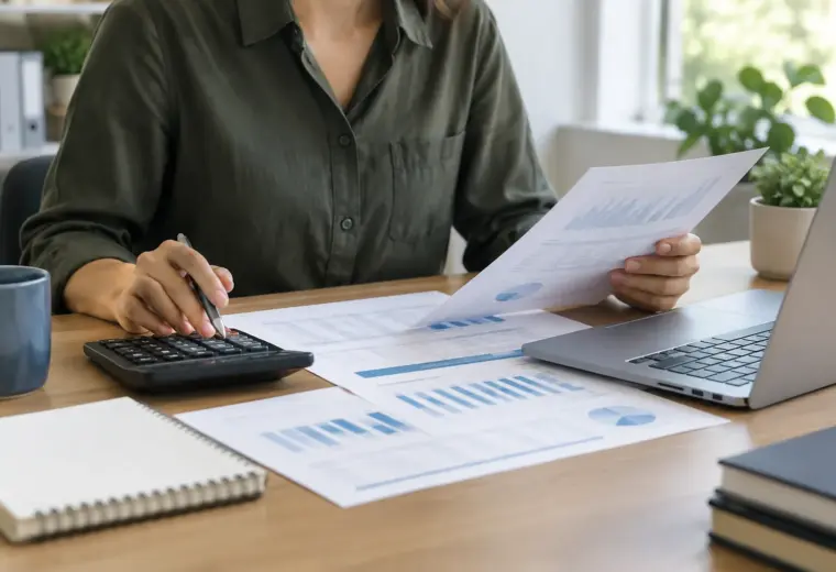 Des documents de trésorerie et une calculatrice posés sur le bureau d’une petite entreprise.