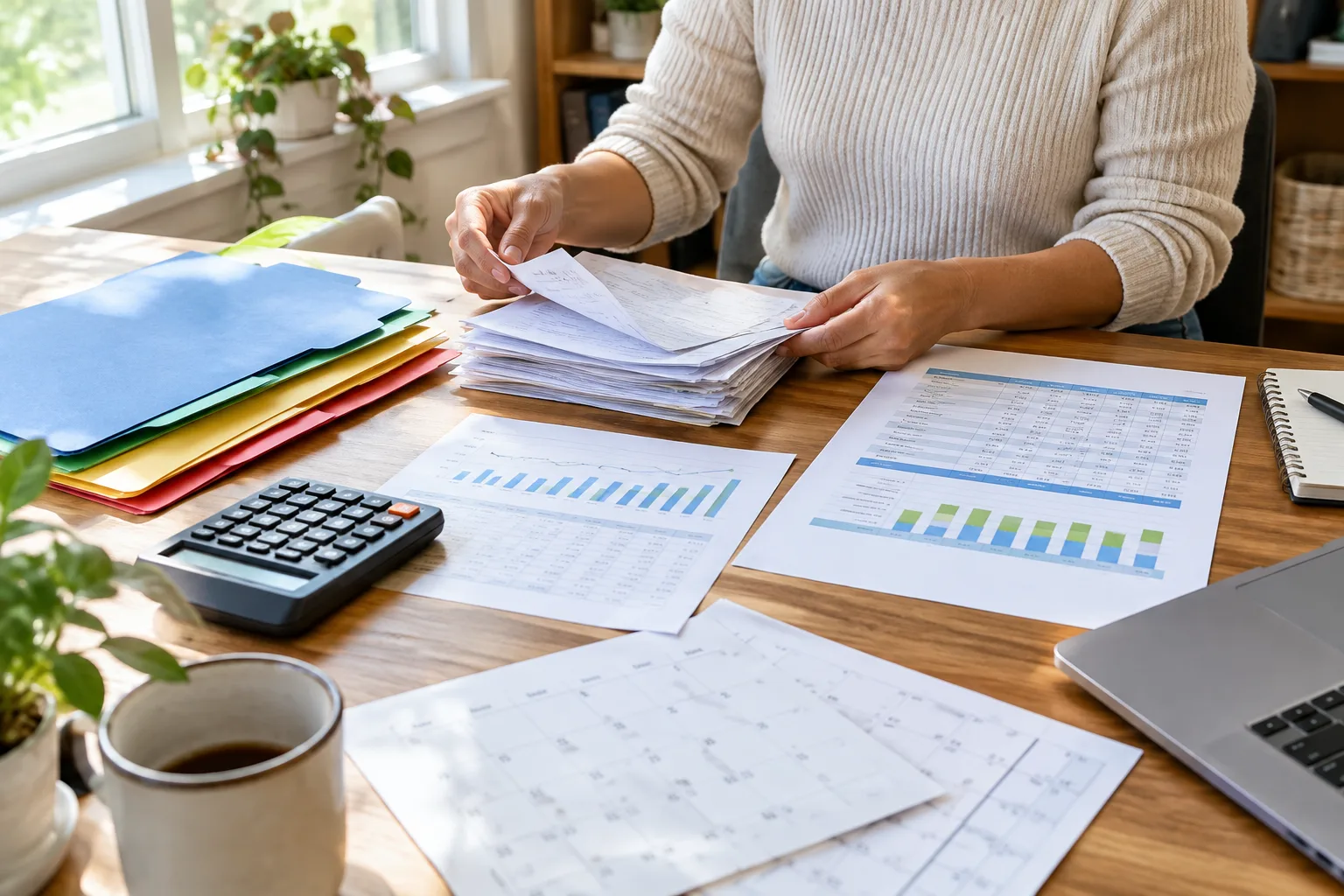 Factures, calendrier et calculatrice réunis pour préparer un prévisionnel de trésorerie.