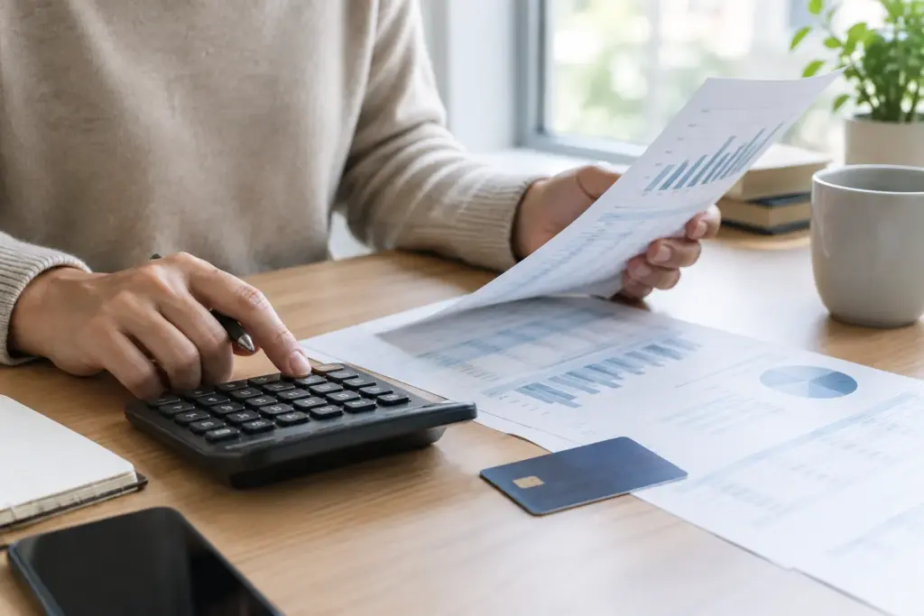 Documents de trésorerie et calculatrice posés sur le bureau d’une petite entreprise.