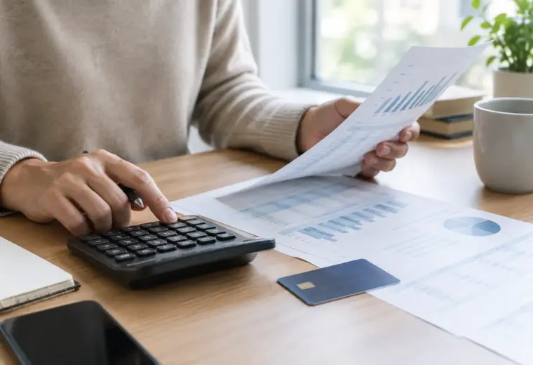 Documents de trésorerie et calculatrice posés sur le bureau d’une petite entreprise.