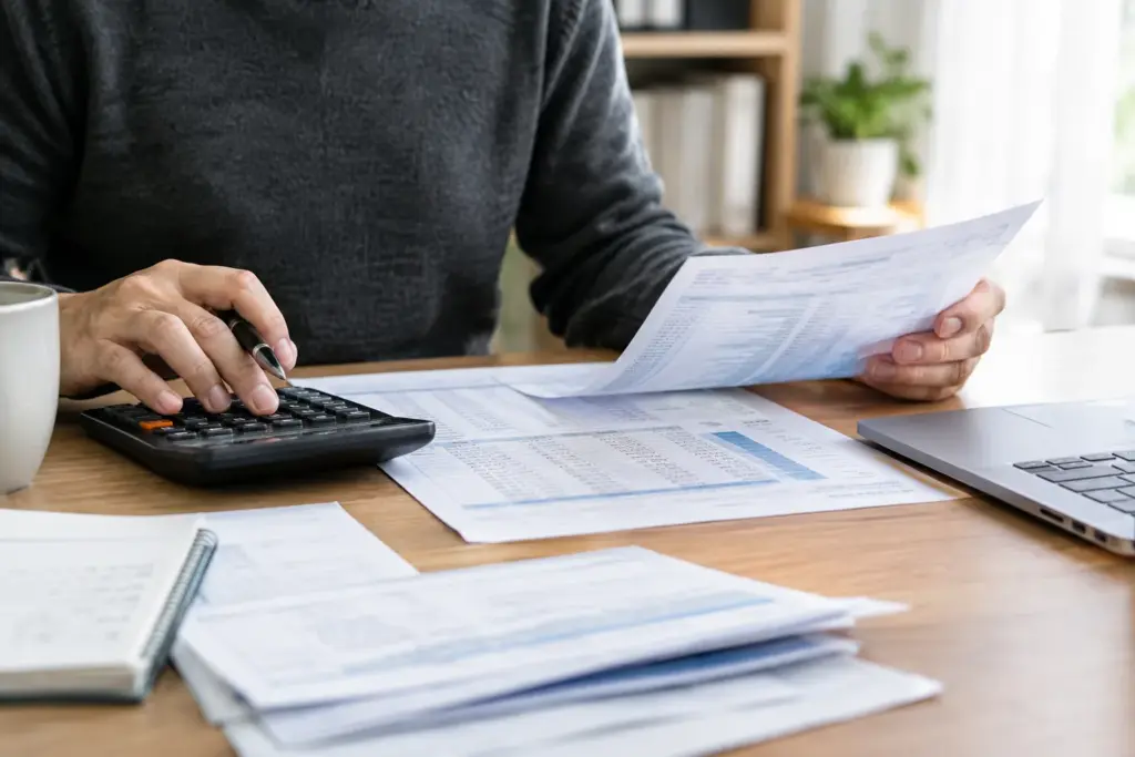 Documents bancaires et calculatrice posés sur le bureau d’une petite entreprise.