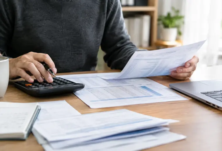 Documents bancaires et calculatrice posés sur le bureau d’une petite entreprise.