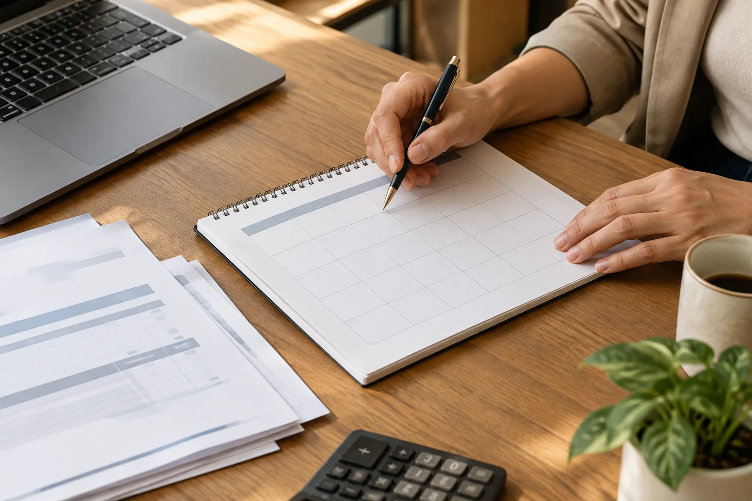 Des mains organisent des dates de paiement sur un calendrier posé près de factures.