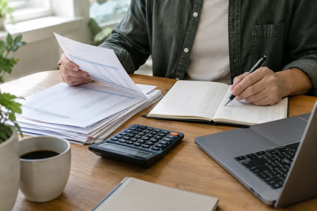 Des factures fournisseurs et un carnet de suivi disposés sur le bureau d’une petite entreprise.