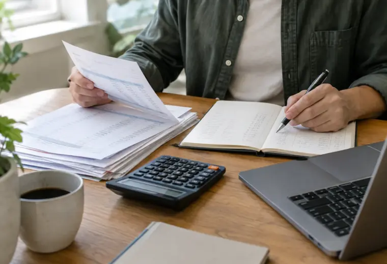 Des factures fournisseurs et un carnet de suivi disposés sur le bureau d’une petite entreprise.