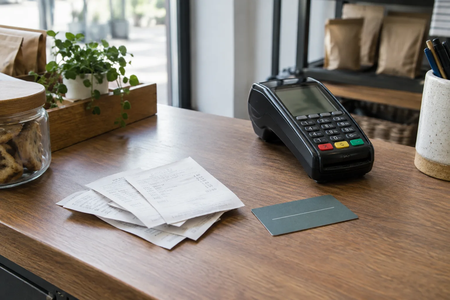 Un terminal de paiement et des reçus sur le comptoir d’un commerce.