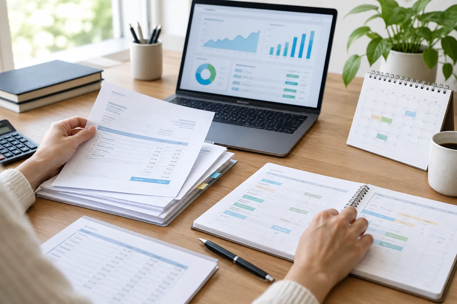 Des factures et un calendrier organisés à côté d’un ordinateur pour suivre les paiements.