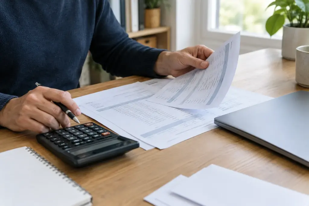 Des relevés bancaires et une calculatrice posés sur le bureau d’une petite entreprise.