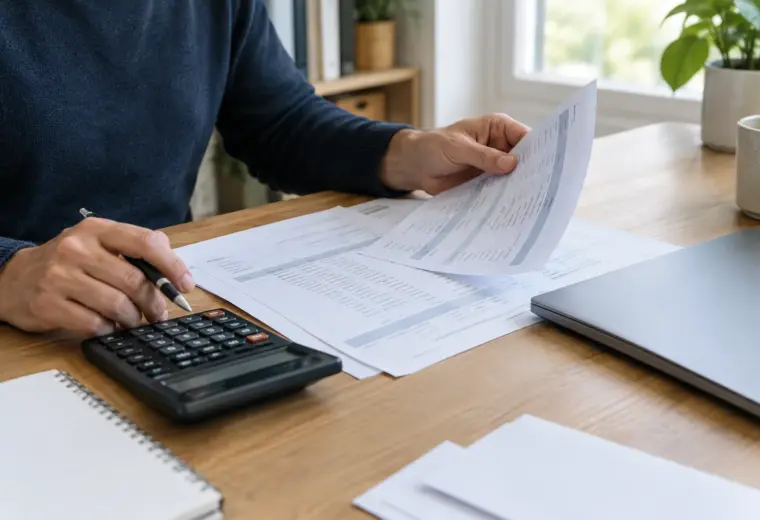 Des relevés bancaires et une calculatrice posés sur le bureau d’une petite entreprise.