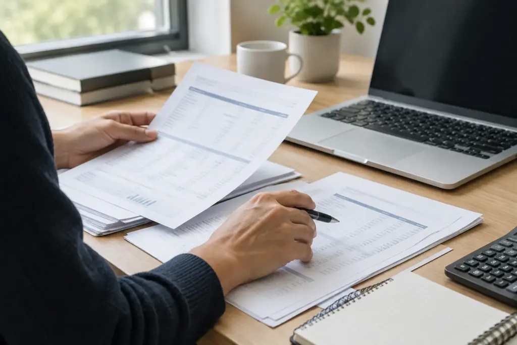 Des relevés bancaires et des documents comptables consultés sur le bureau d’une petite entreprise.