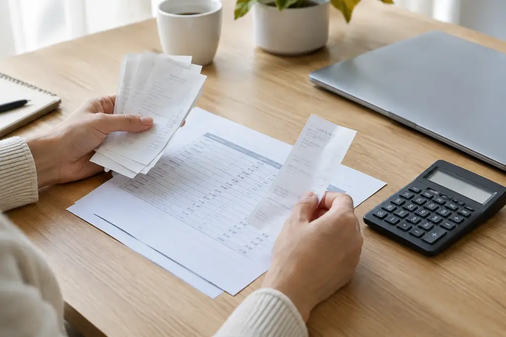 Des justificatifs de dépenses et une note de frais examinés sur le bureau d’une petite entreprise.