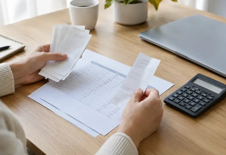 Des justificatifs de dépenses et une note de frais examinés sur le bureau d’une petite entreprise.