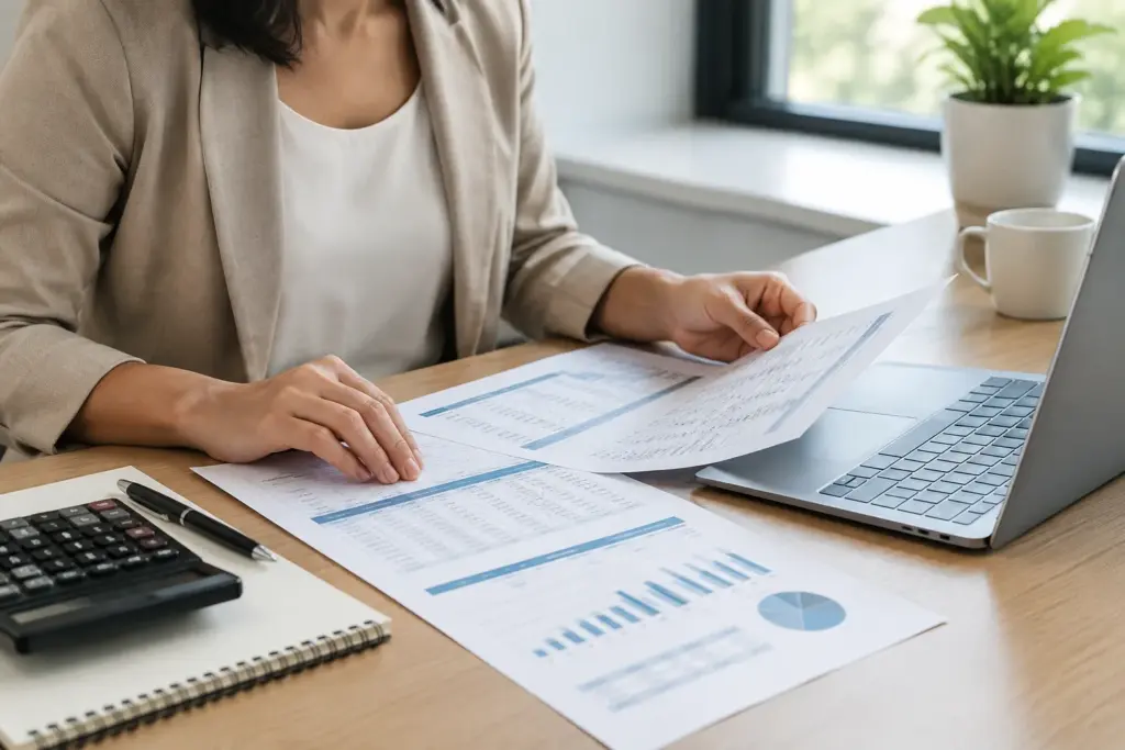 Des documents financiers et une calculatrice sur le bureau d’une petite entreprise.
