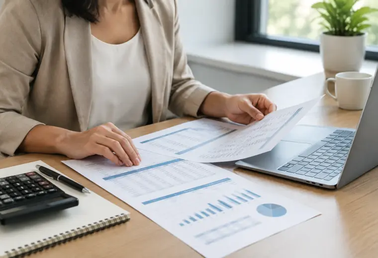 Des documents financiers et une calculatrice sur le bureau d’une petite entreprise.