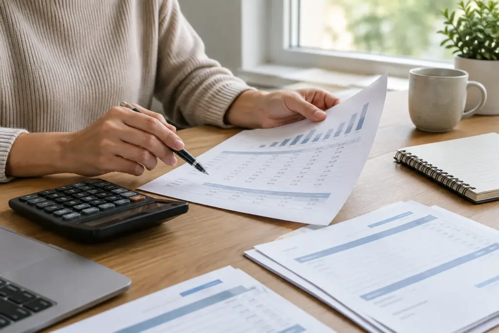 Des factures, un calculateur et un plan de trésorerie sur le bureau d’une petite entreprise.