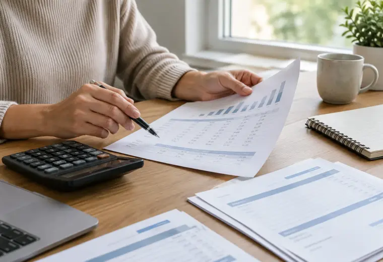 Des factures, un calculateur et un plan de trésorerie sur le bureau d’une petite entreprise.