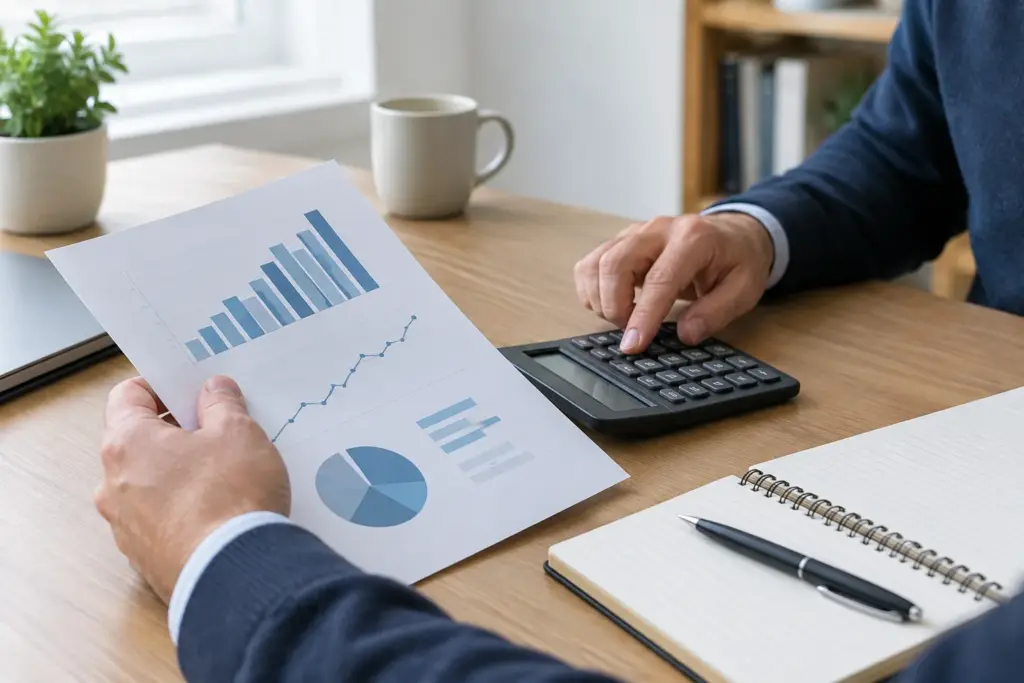 Un dirigeant examine un graphique financier et une calculatrice sur son bureau.
