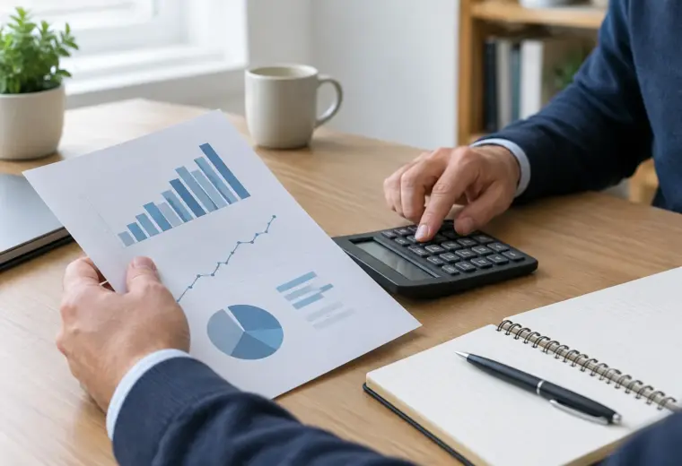 Un dirigeant examine un graphique financier et une calculatrice sur son bureau.