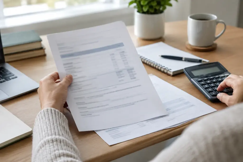 Une personne compare des documents de crédit et une calculatrice sur un bureau.