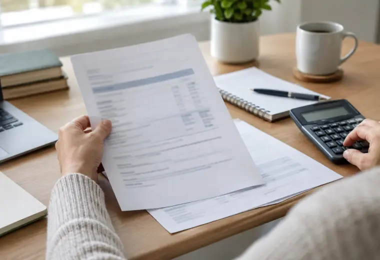 Une personne compare des documents de crédit et une calculatrice sur un bureau.
