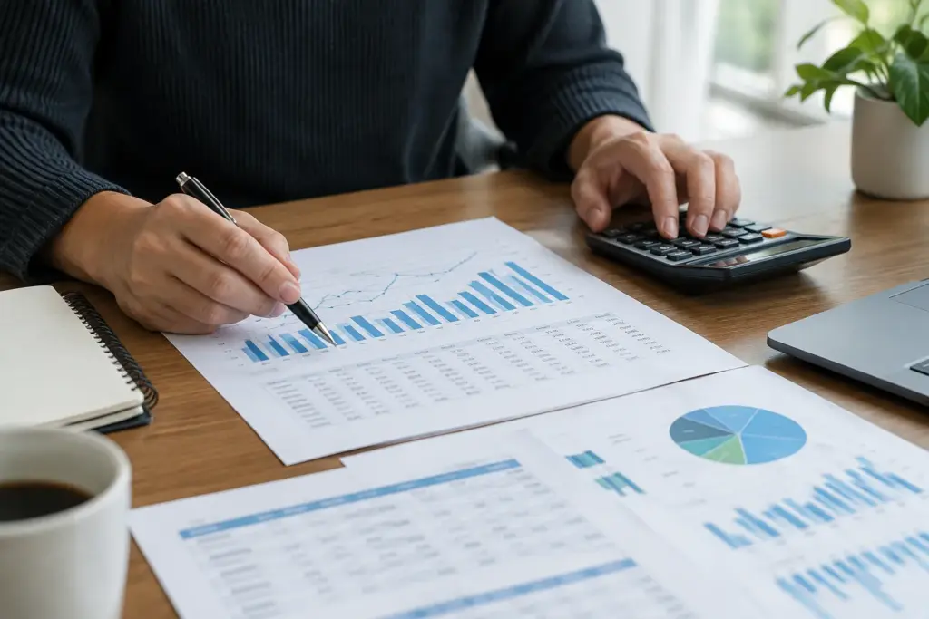 Documents comptables et calculatrice posés sur le bureau d’une petite entreprise.