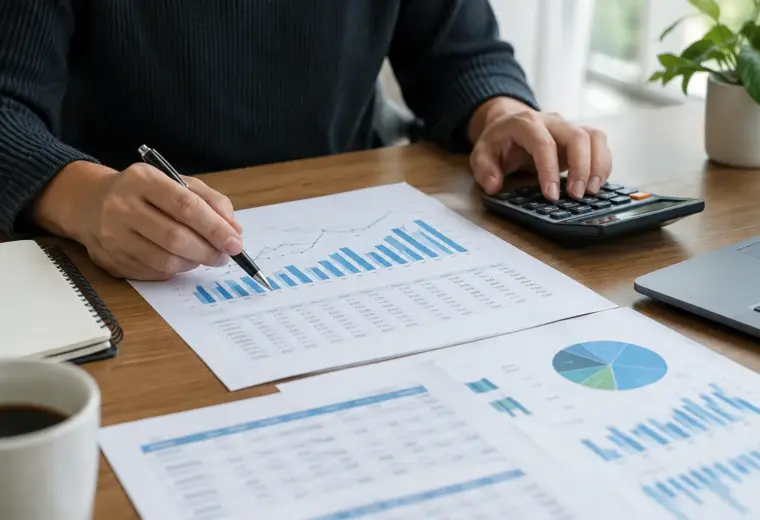Documents comptables et calculatrice posés sur le bureau d’une petite entreprise.