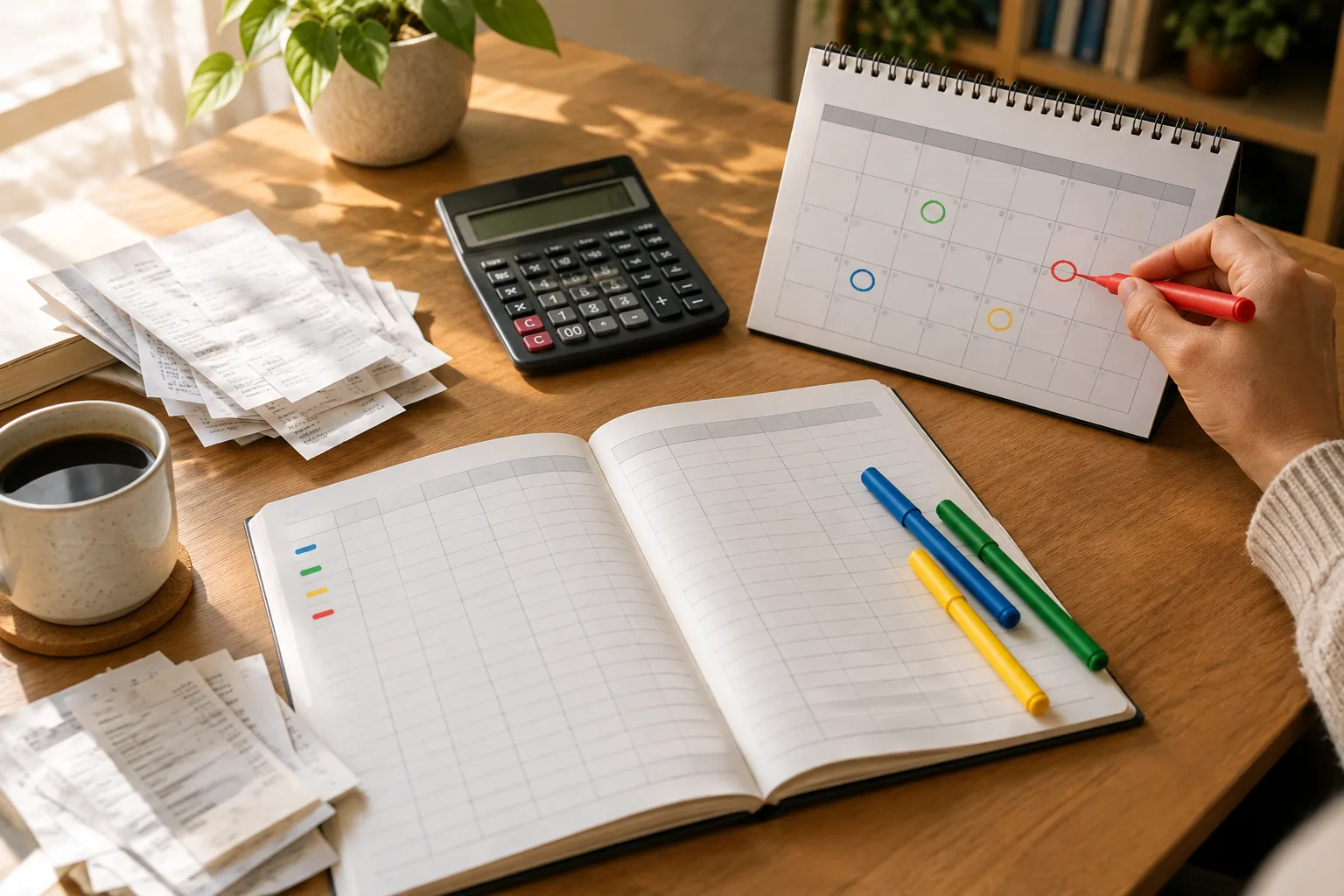 Une main positionne un repère sur un calendrier à côté d’un carnet de trésorerie et de justificatifs.