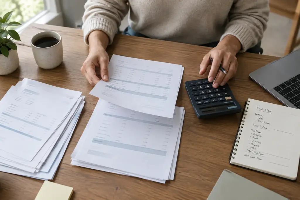 Des factures, une calculatrice et un carnet de suivi posés sur le bureau d’une petite entreprise.