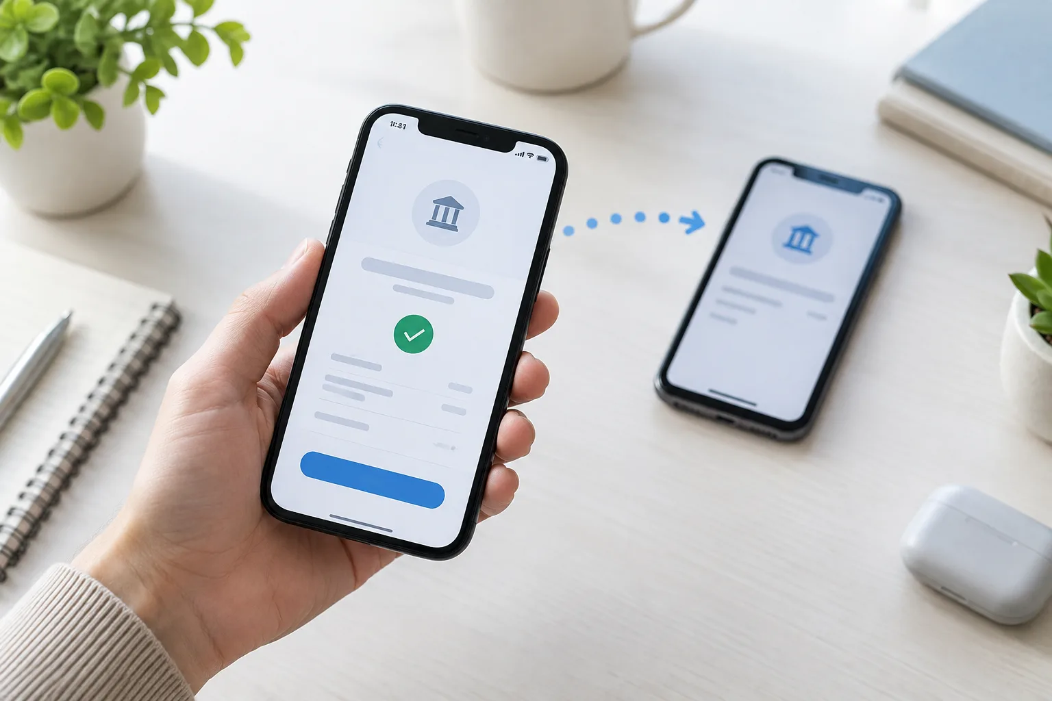 Une personne utilise son téléphone pour effectuer un transfert bancaire.