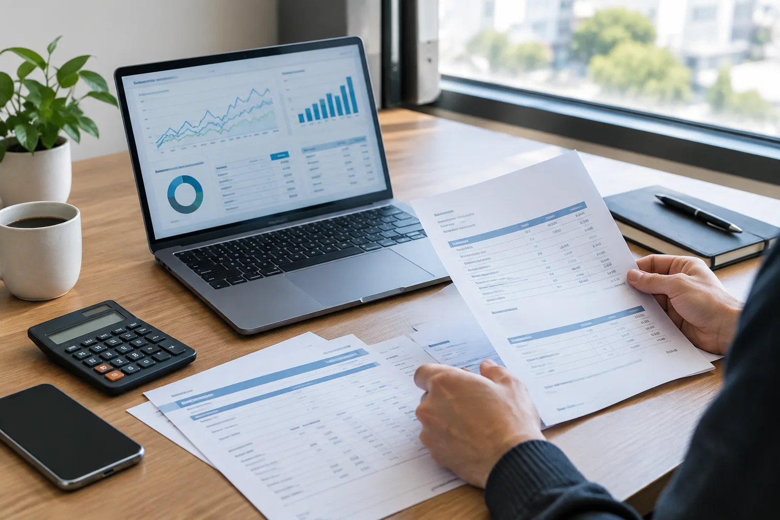 Des documents de paiement et une calculatrice sur le bureau d’une petite entreprise.