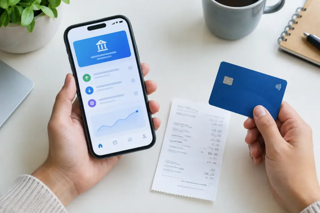 Un smartphone et une carte bancaire posés près d’un justificatif de paiement.