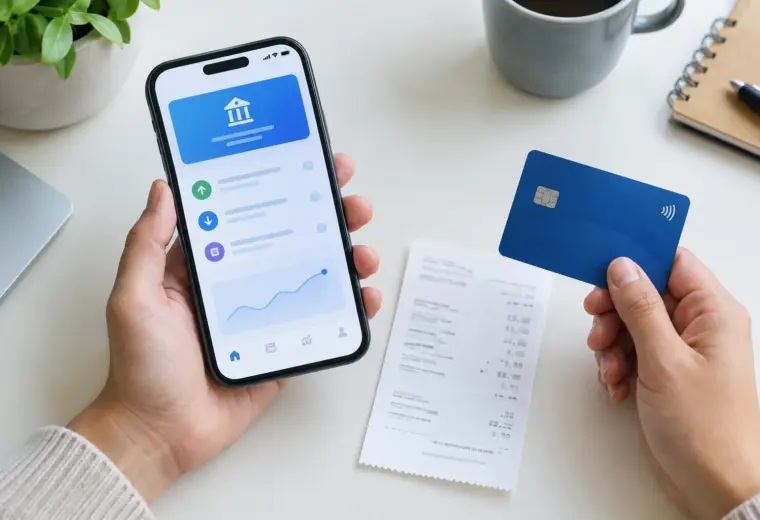 Un smartphone et une carte bancaire posés près d’un justificatif de paiement.